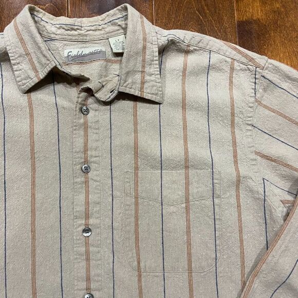 Fieldmaster Vintage Outdoors Linen Blend Button Front Shirt Tan Blue Men's LT - Picture 2 of 8